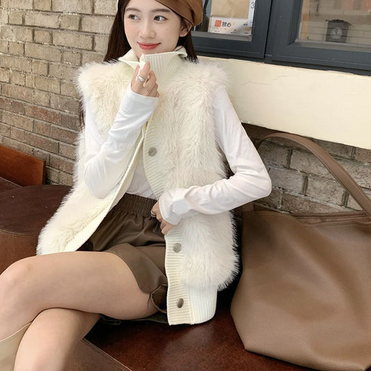 Women's Stand Collar Mink Sleeveless Sweater Coat