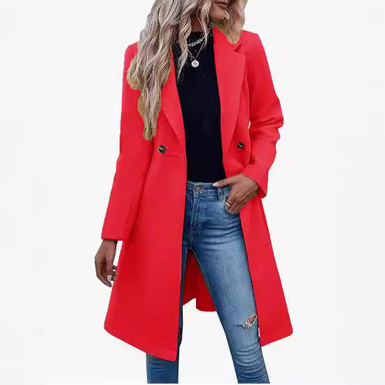 Long Woolen Women's Breasted Coat